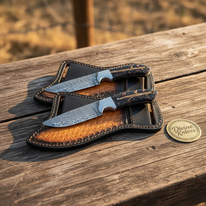 Basket-Weave Sheath Skinner Knife Pair with Colored Resin Handles for Hunters and Collectors