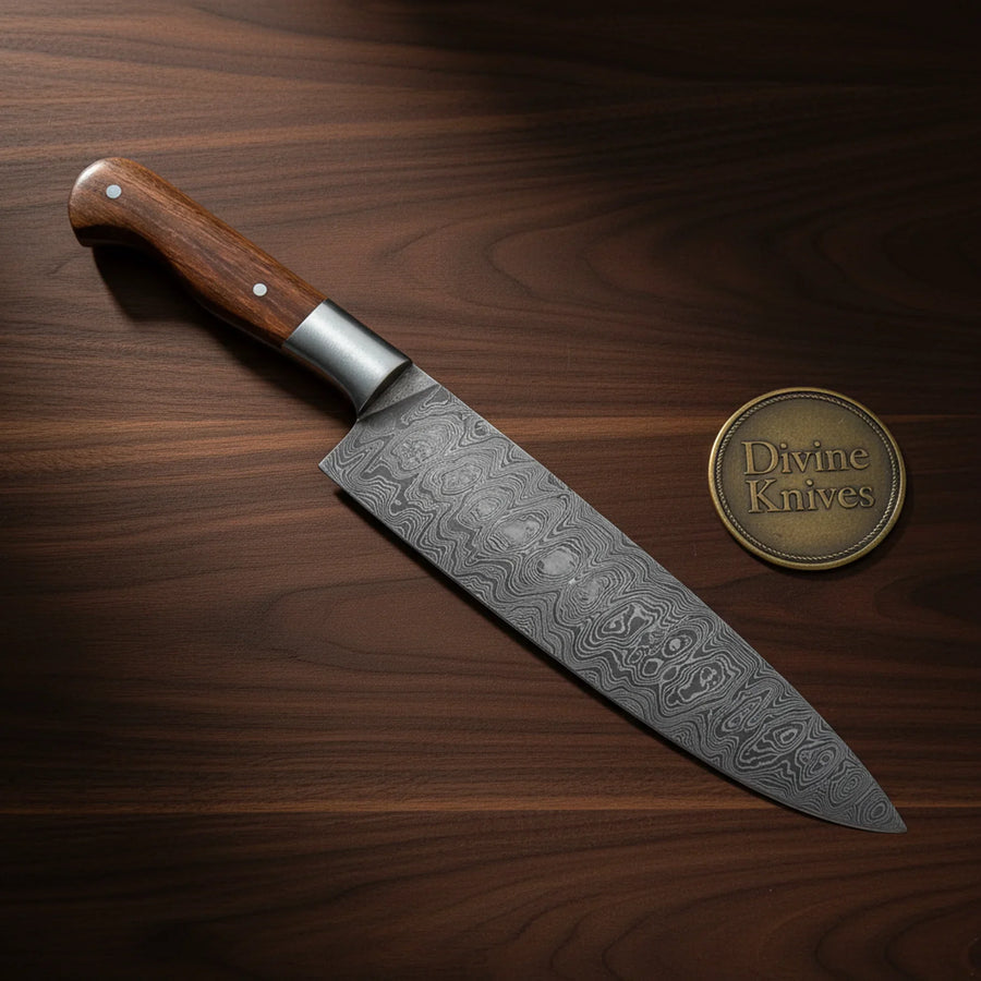 Rosewood Chef Knife with Twist Pattern Blade for Cooking and Gifting