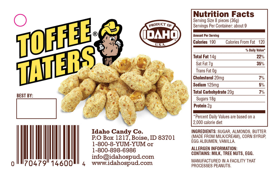 Toffee Taters – Bite-Size Almond Butter Toffee, 12 oz – rear package view