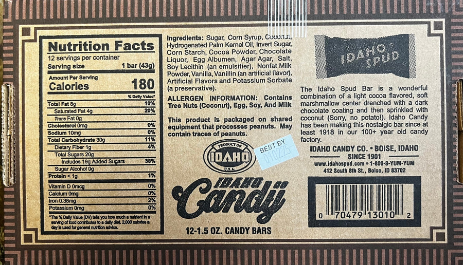 Idaho Spud Chocolate Marshmallow Candy Bars – 12 Count – rear package view