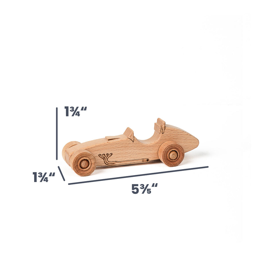 Beech Indy Special Wooden Toy Car, 5.6 in. with dimension annotations