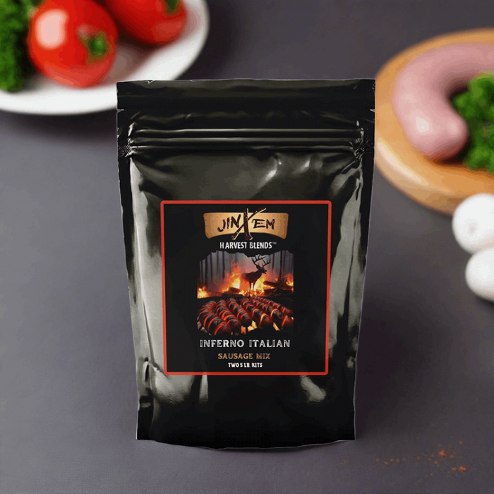 Inferno Italian Sausage Seasoning — preparation mix pouch with a food serving