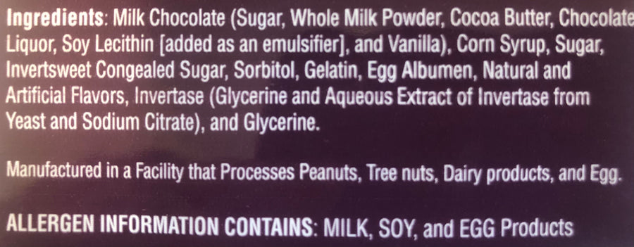 Huckleberry Gem Milk Chocolate Marshmallow Bar — ingredient and allergen declaration