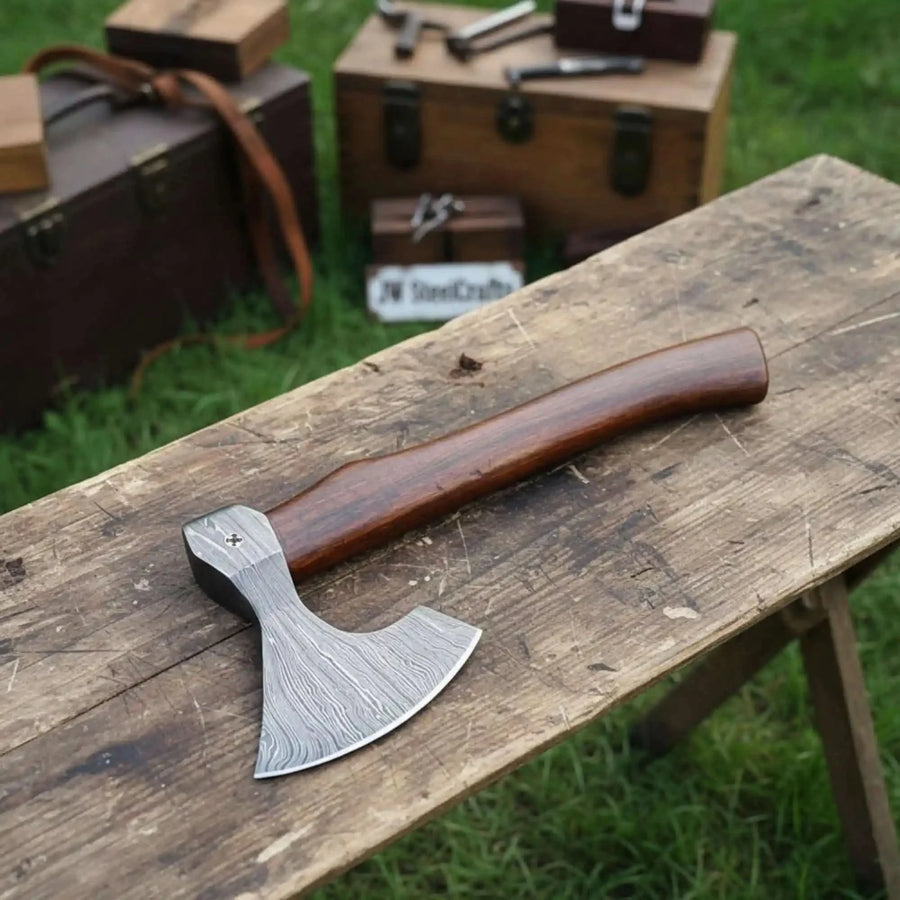 Field Ready Camping Axe, Artisan Pattern Steel Blade, Balanced Wood Handle