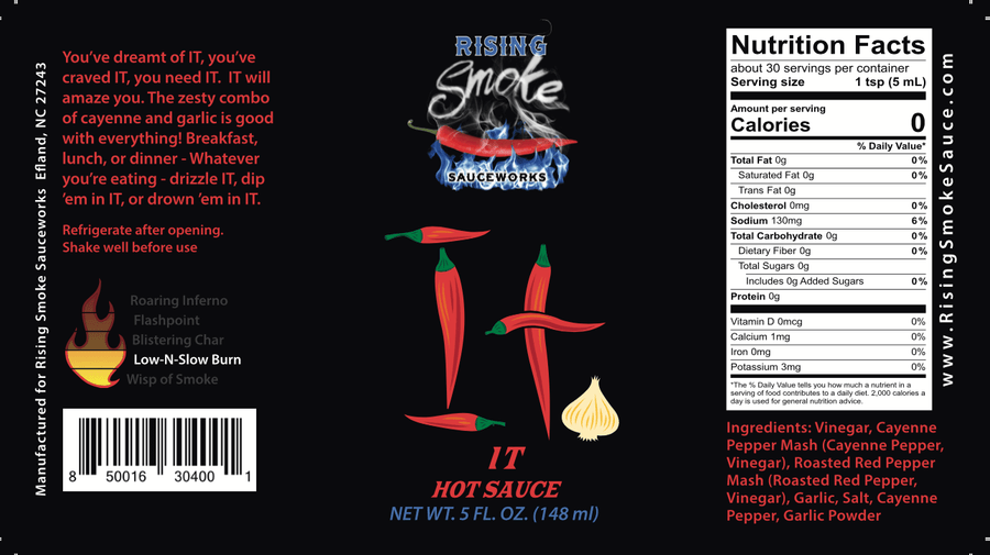 Product label for It Cayenne Garlic Louisiana-Style Hot Sauce
