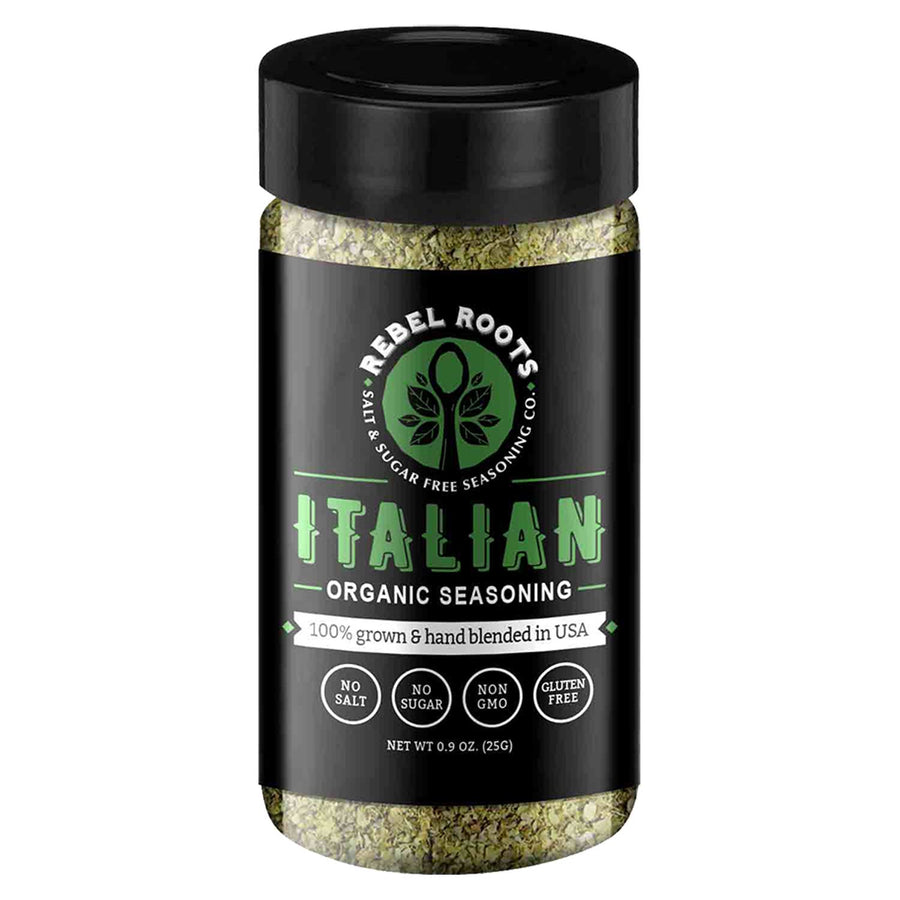 Rebel Roots Salt-Free Seasoning Blends: Italian seasoning jar.