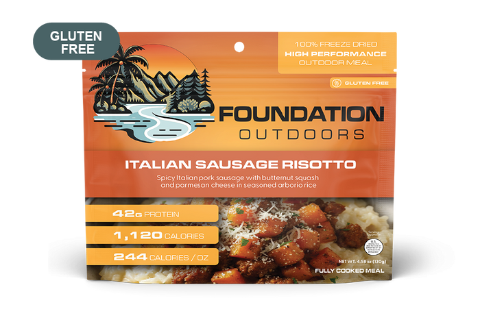Italian sausage and butternut risotto freeze-dried meal pouch, front