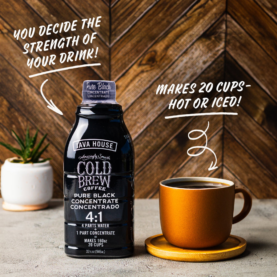 Concentrate bottle shown with hot and iced coffee