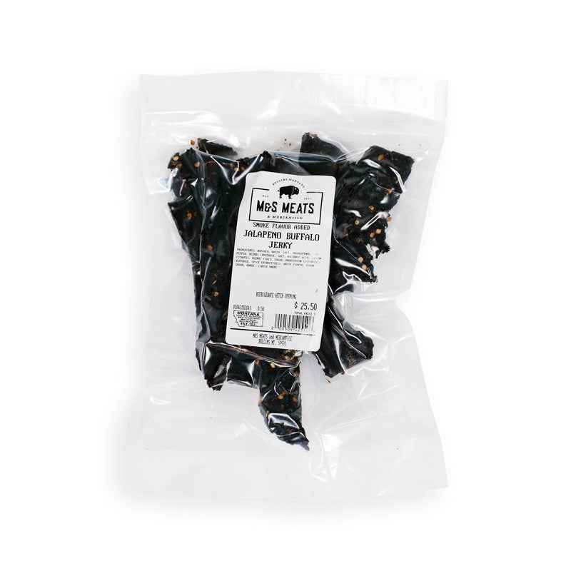Jalapeño Buffalo Jerky, clear package with the product label