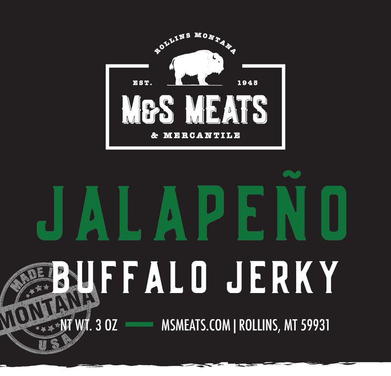 Jalapeño Buffalo Jerky, Jalapeño Buffalo label artwork showing a 3 oz example