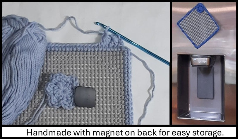 Maker collage showing yarn, a sample gripper and magnetic refrigerator storage