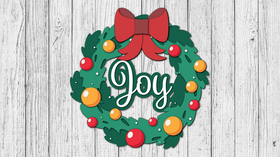 Painted example of a green Joy Christmas wreath with a red bow