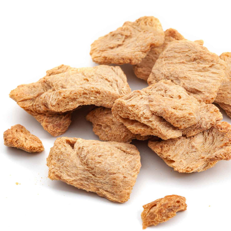 Just Like Chicken Vegan Soy Protein: dry textured soy protein pieces.