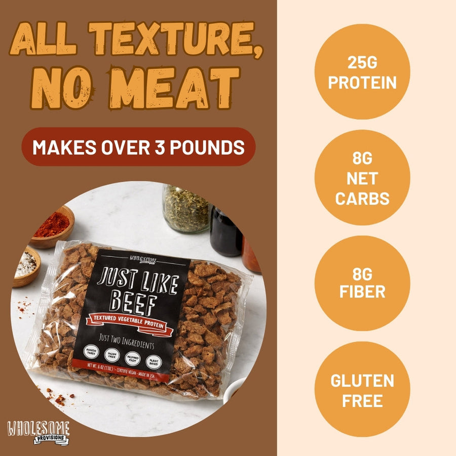 Just Like Beef Vegan Soy Protein: protein and preparation feature graphic.