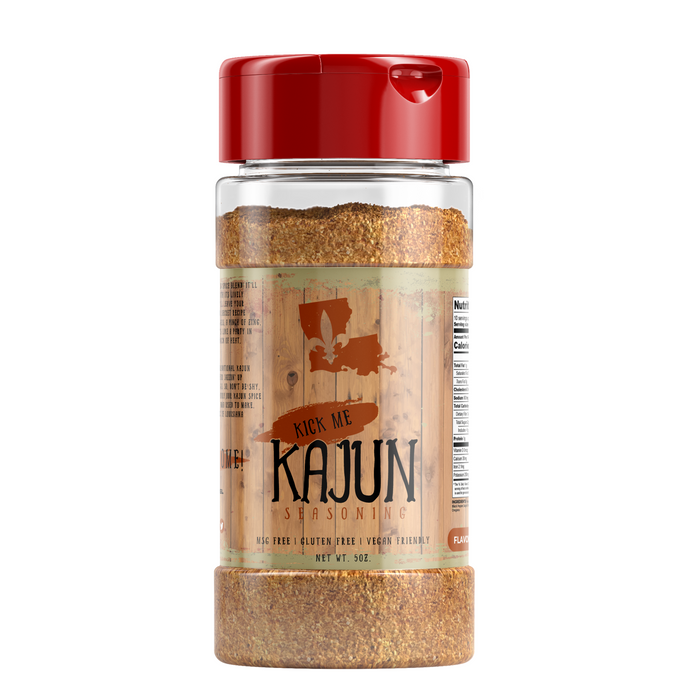 Kick Me Kajun Cajun seasoning in a red-cap 5 oz jar