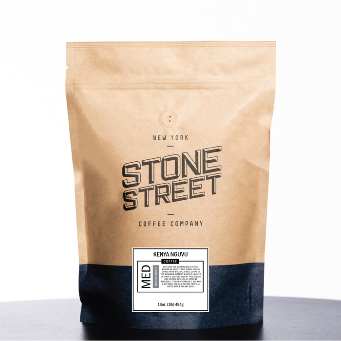 Front of the Stone Street Kenya Nguvu coffee bag with its product label visible