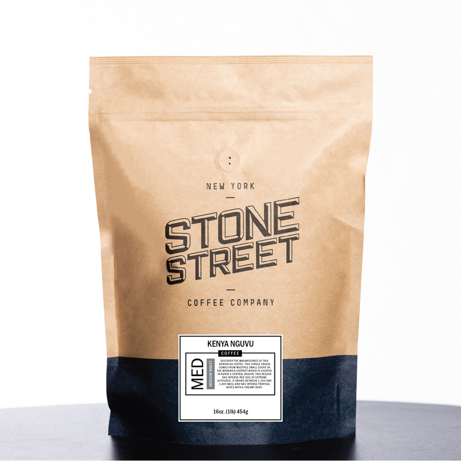 Front of the Stone Street Kenya Nguvu coffee bag with its product label visible