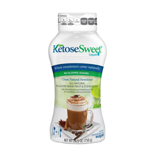 KetoseSweet+ Liquid Allulose Blend Sweetener: KetoseSweet+ liquid bottle front.