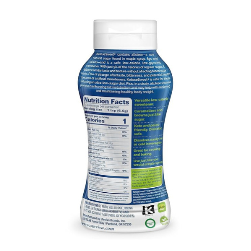 KetoseSweet+ Liquid Allulose Blend Sweetener: bottle back with Nutrition Facts panel.