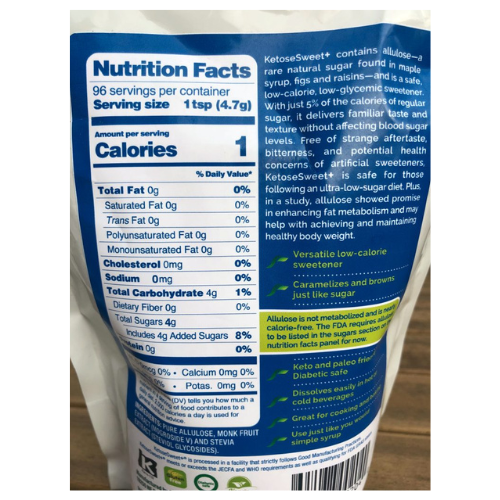 KetoseSweet+ Powder Allulose Blend Sweetener: pouch back with Nutrition Facts panel.