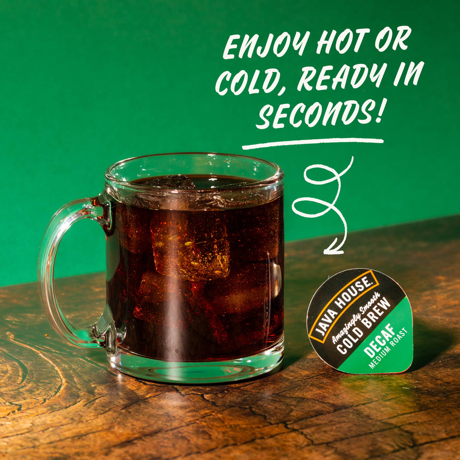 Decaf cold brew served hot or iced graphic