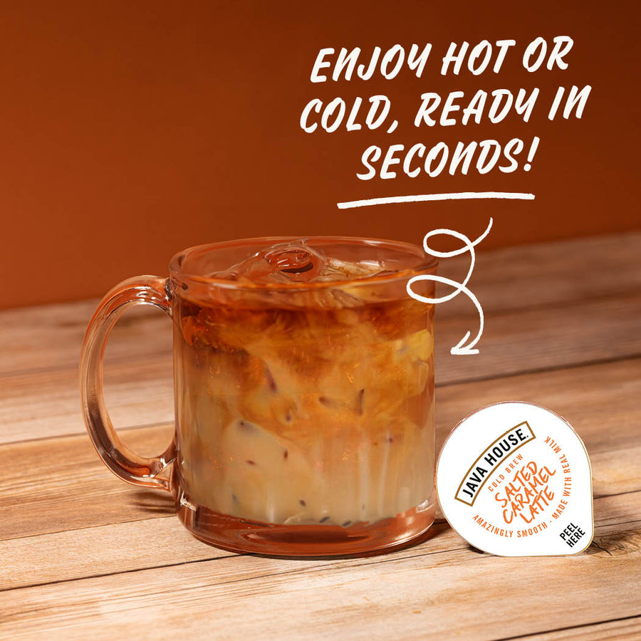 Salted Caramel latte shown for hot or iced serving