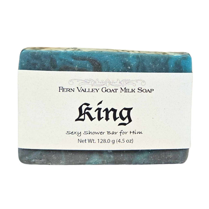 King goat milk soap — labelled bar, front view