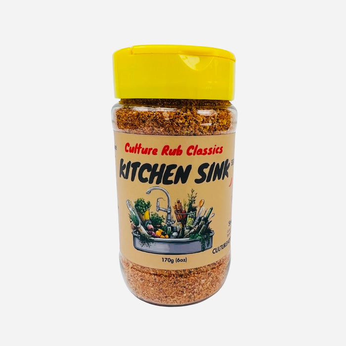 Kitchen Sink seasoning jar with yellow cap and kitchen illustration