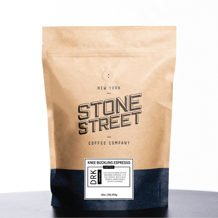 Front of the Stone Street Knee Buckling Espresso coffee bag with its product label visible