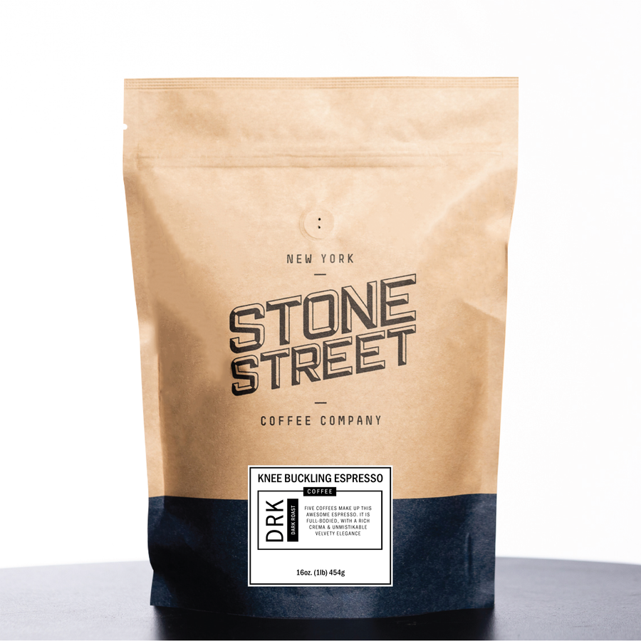 Front of the Stone Street Knee Buckling Espresso coffee bag with its product label visible