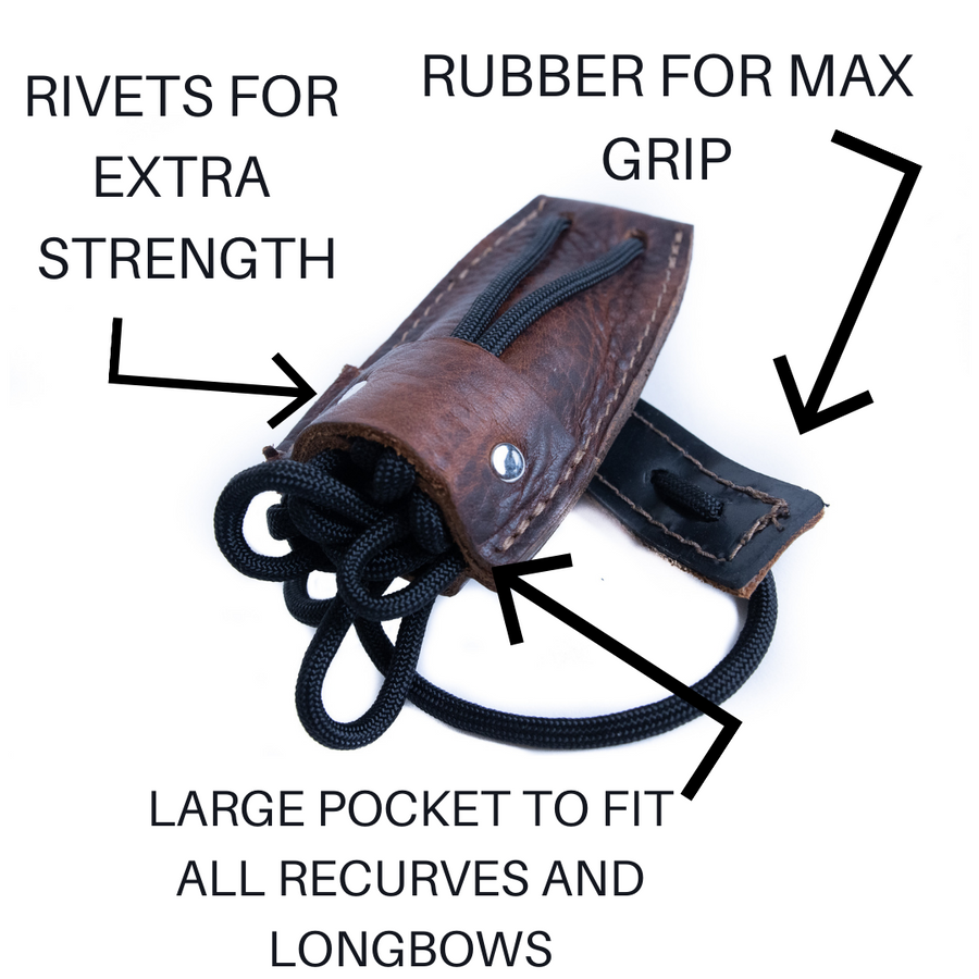 Leather Bow Stringer for Recurve Bows & Longbows — diagram of pocket, grip and rivets