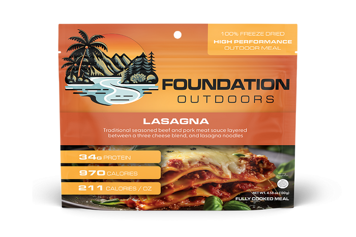 Beef and pork lasagna freeze-dried meal pouch, front