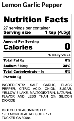 Lemon Garlic Pepper seasoning – nutrition facts panel