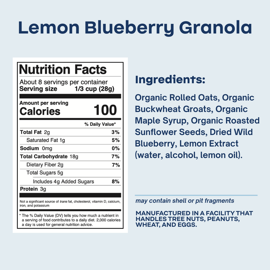 Blueberry Lemon Granola ingredient list, nutrition facts and shared-facility allergen warning
