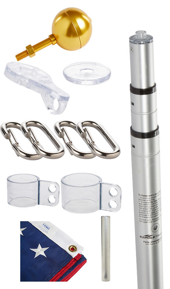 Liberty Telescoping Flagpole Kit — flagpole components and accessory group view (image 7)