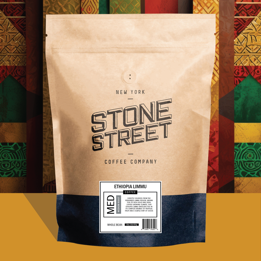 Ethiopia Limmu coffee bag pictured against a colorful patterned background