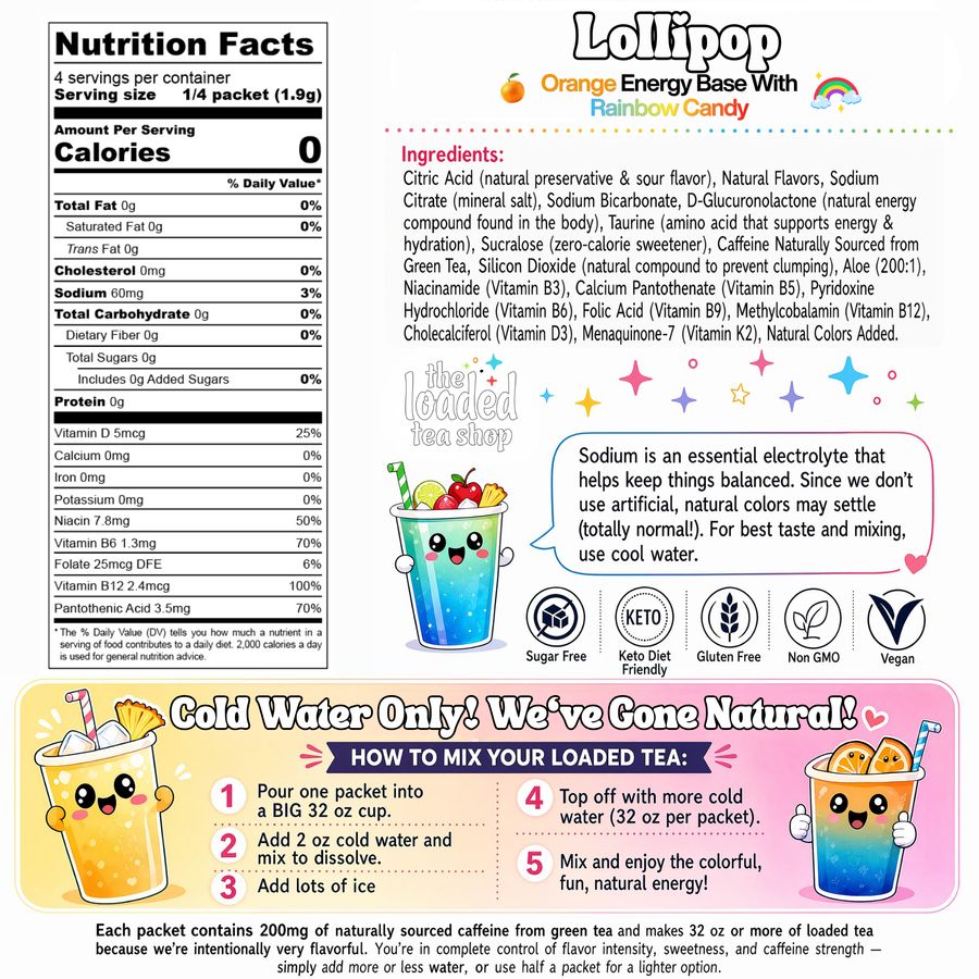 Lollipop loaded tea nutrition and ingredient label