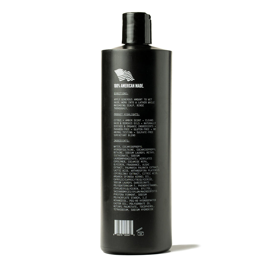 LUXE Citrus & Amber Shampoo — shampoo bottle, rear directions and ingredients