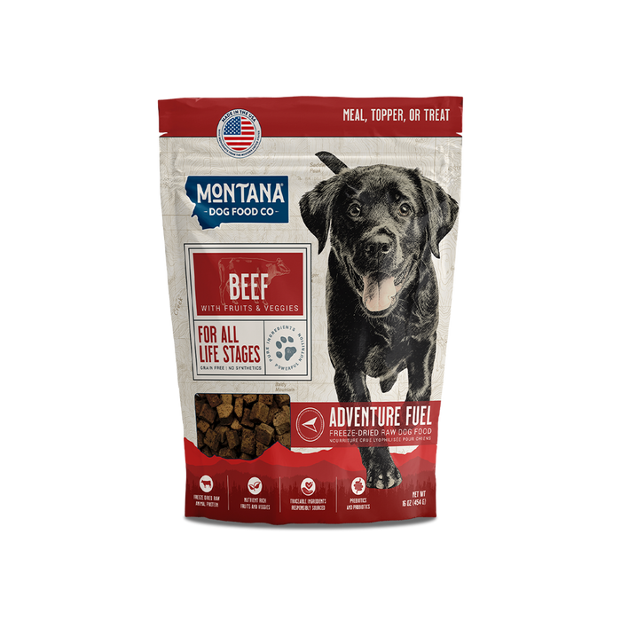 Front of the red Beef Adventure Fuel dog food and topper bag