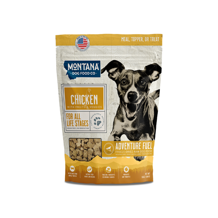 Front of the yellow Chicken Adventure Fuel dog food and topper bag