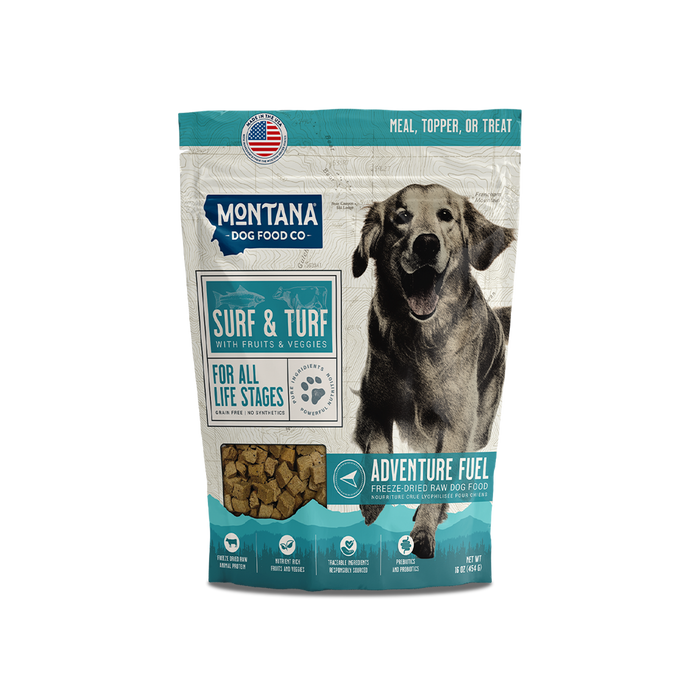 Front of the turquoise Surf and Turf Adventure Fuel dog food bag