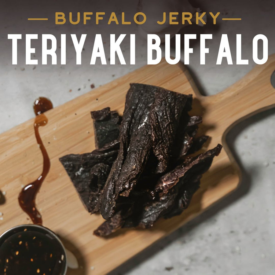 Teriyaki Buffalo Jerky, promotional photo with teriyaki sauce and strips