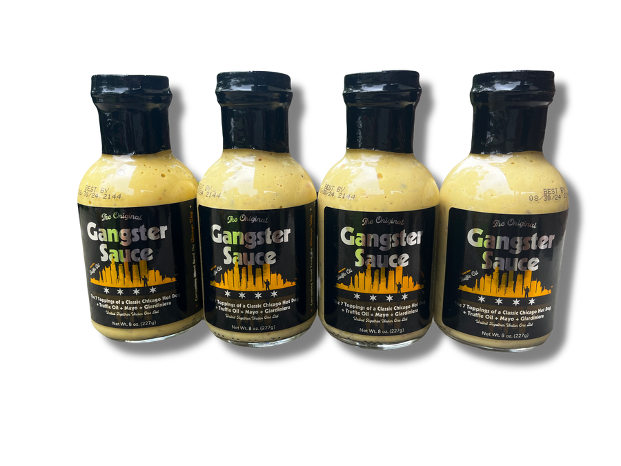 Four Gangster Sauce bottles with black labels