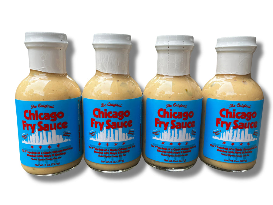 Four Chicago Fry Sauce bottles together