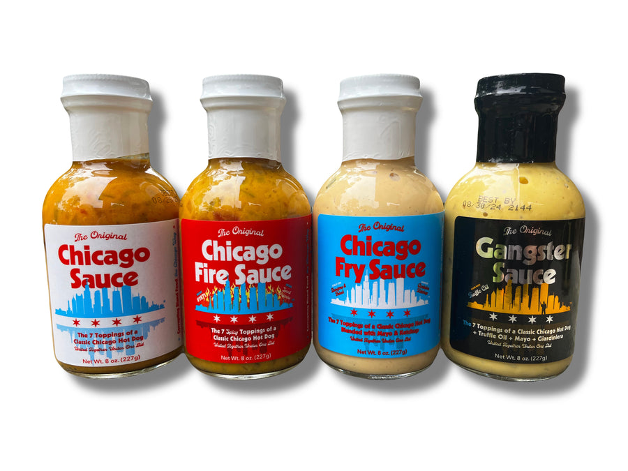 Original, Fire, Fry and Gangster Chicago sauce bottles together
