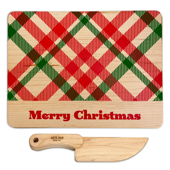 Christmas Plaid Kids Maple Cutting Board & Wooden Knife Set