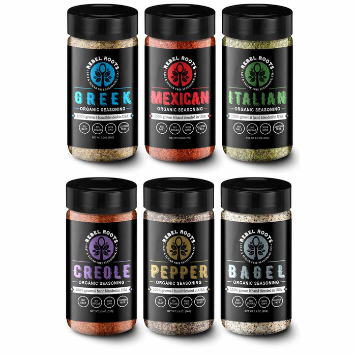 Rebel Roots Salt-Free Seasoning Blends: six seasoning jars.