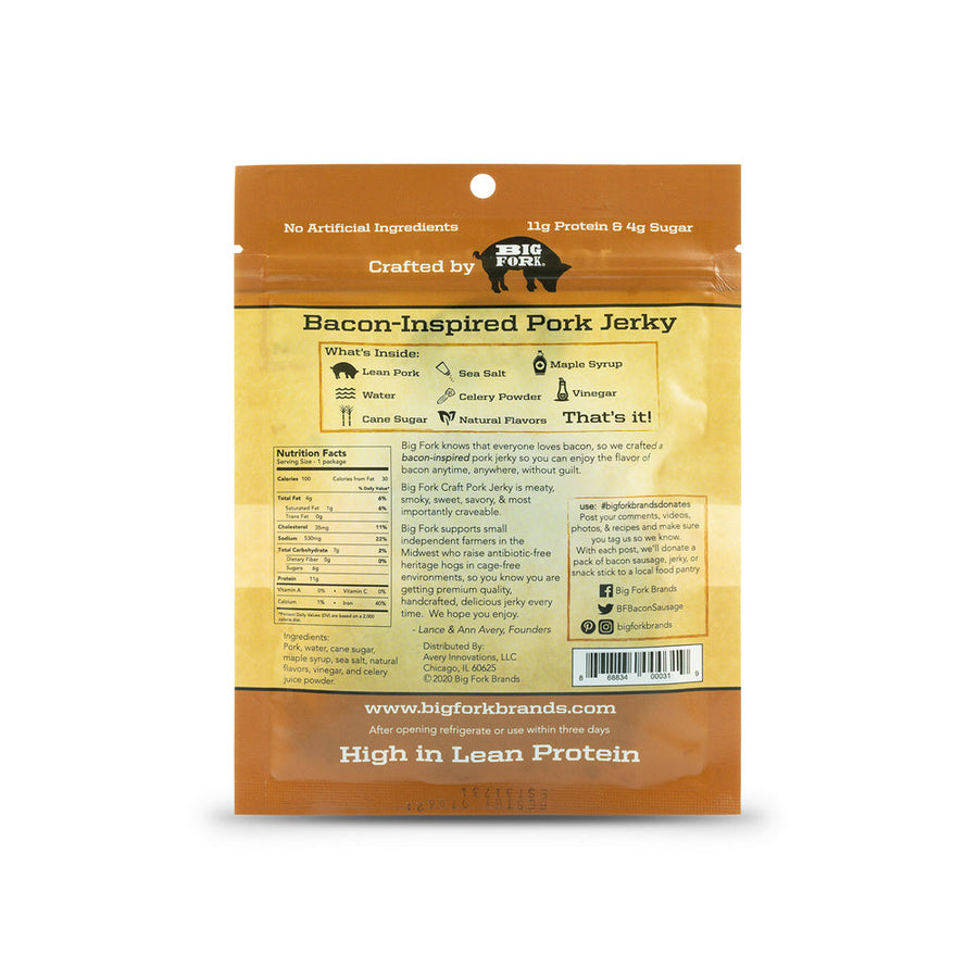 Maple pork jerky package back with its recipe and nutrition panel