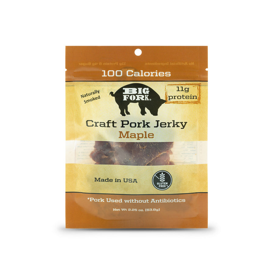 Maple pork jerky package front labeled made in USA