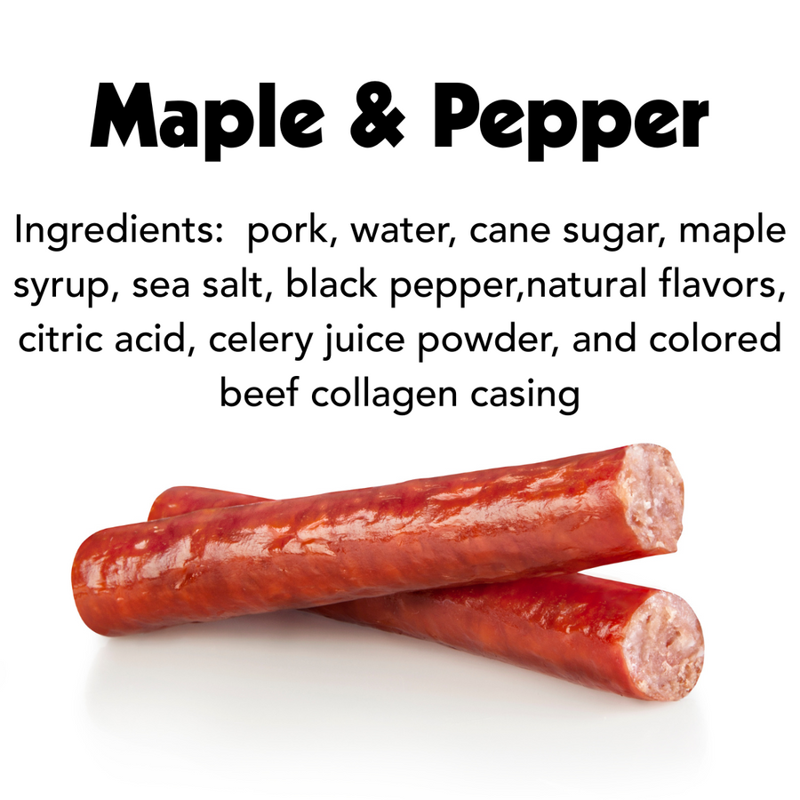 Maple & Pepper pork stick ingredient panel showing maple syrup, black pepper and beef collagen casing